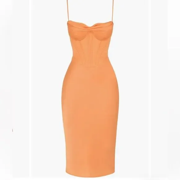 House of CB Myrna Tangerine Satin Corset Midi Dress Size XS NWT - Picture 4 of 16